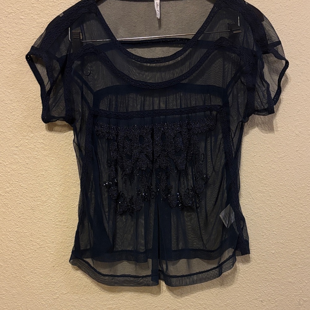 Willow & Clay Navy Sheer Blouse with Fringe Detail